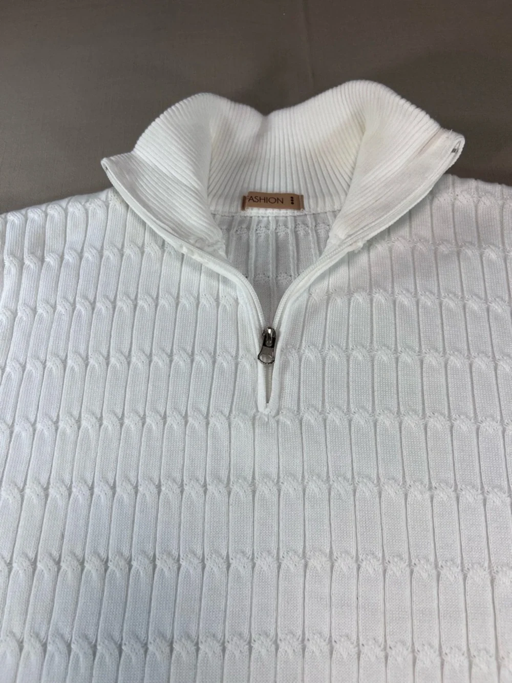 Textured Quarter Zip White Pullover Sweater Cable Knit Style Mock Neck Mens L